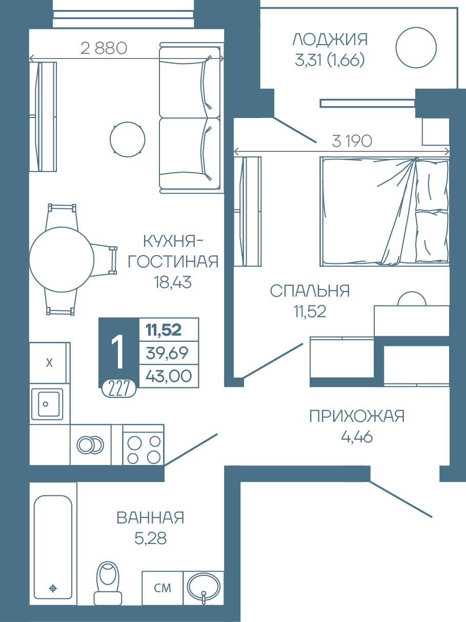 Планировка 1-комн. в ЖК «Иначе в Молодежном»