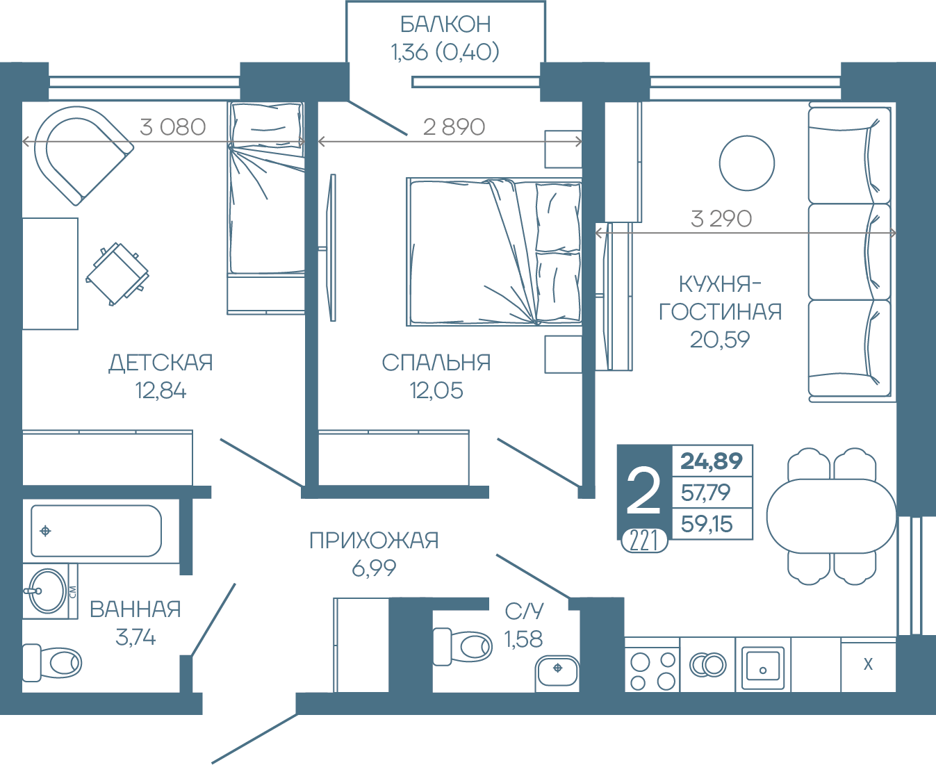 Планировка 2-комн. в ЖК «Иначе в Молодежном»