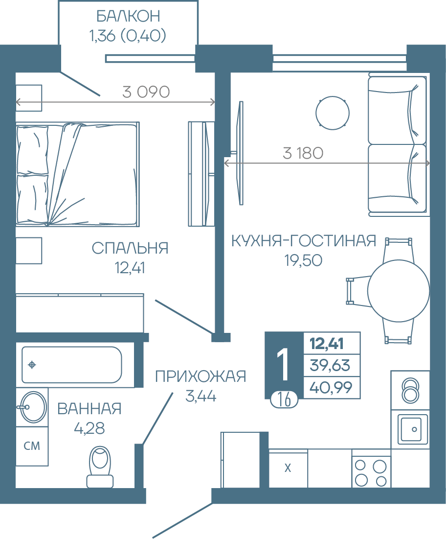 Планировка 1-комн. в ЖК «Иначе в Молодежном»
