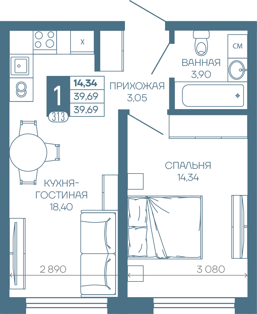 Планировка 1-комн. в ЖК «Иначе в Молодежном»