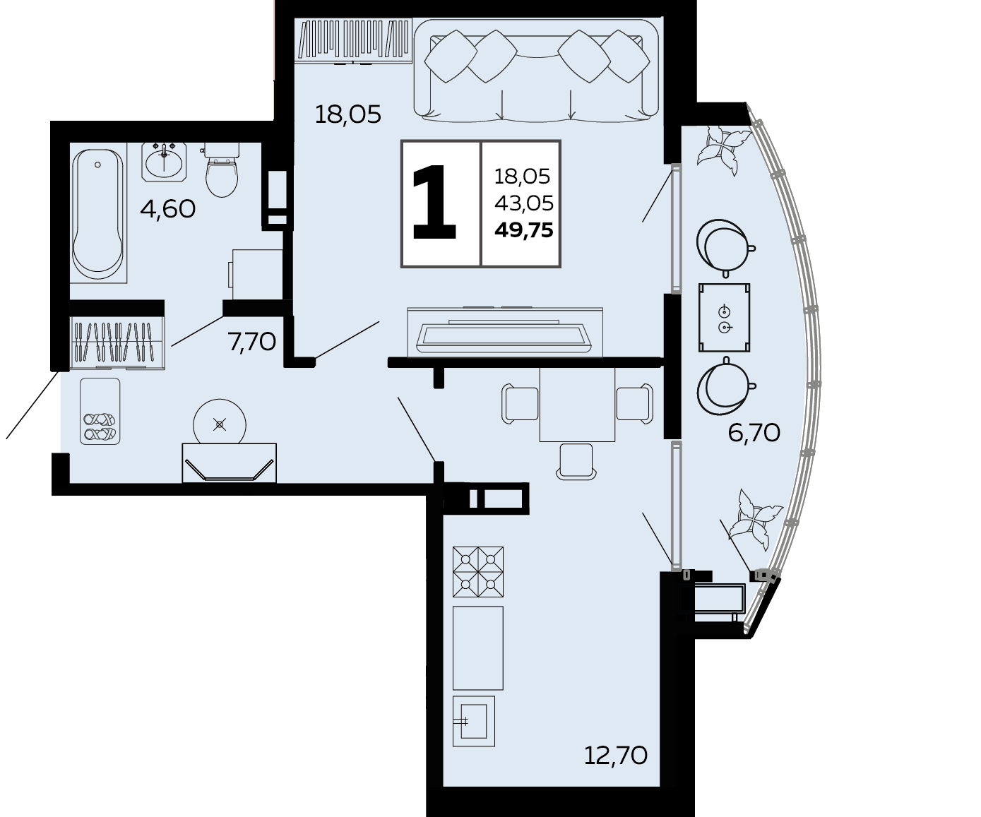 Планировка 1-комн. в ЖК «Мост»