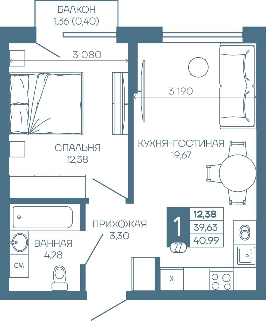 Планировка 1-комн. в ЖК «Иначе в Молодежном»