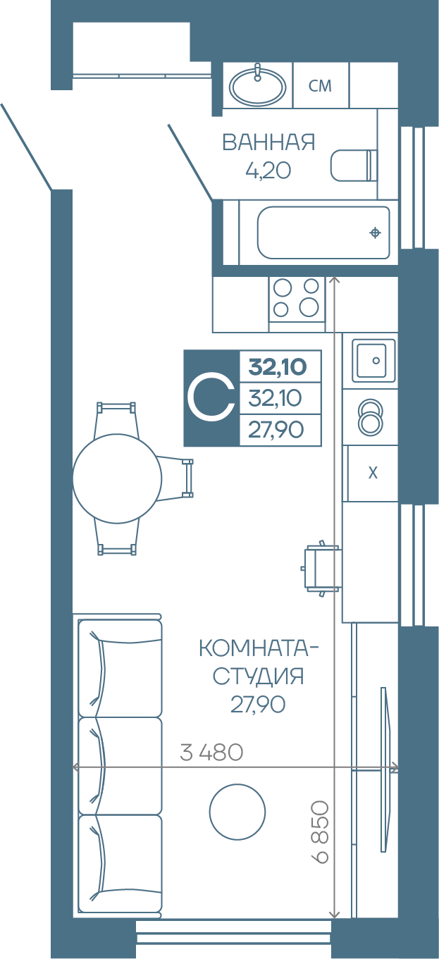 Планировка Студия в ЖК «Иначе в Молодежном»