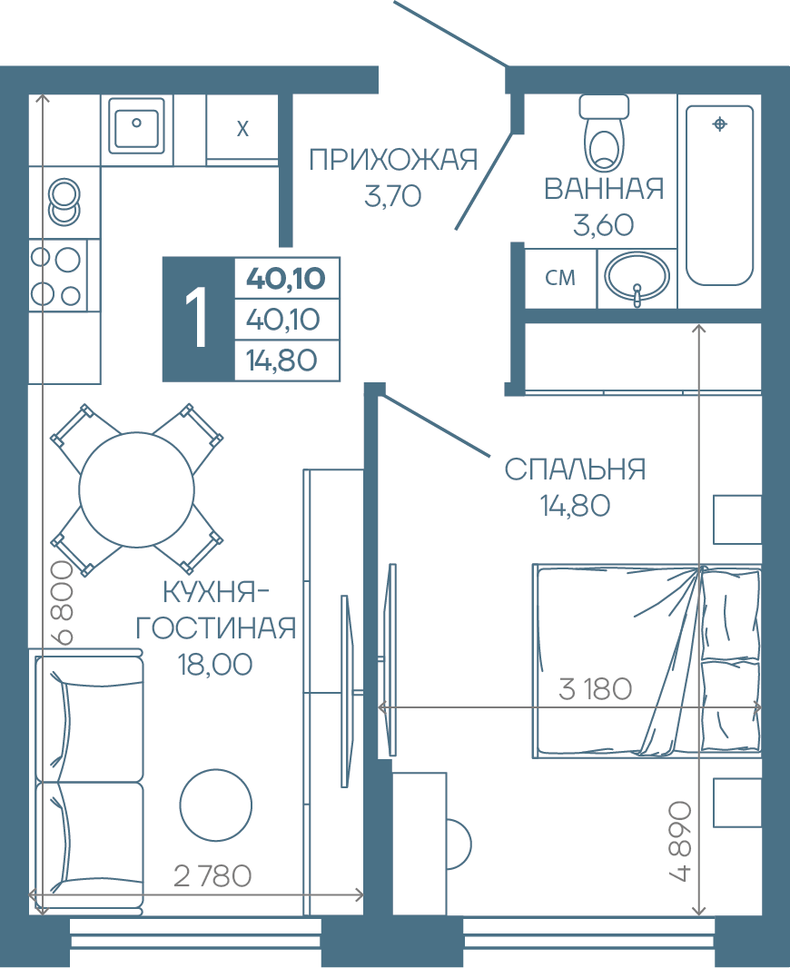 Планировка 1-комн. в ЖК «Иначе в Молодежном»