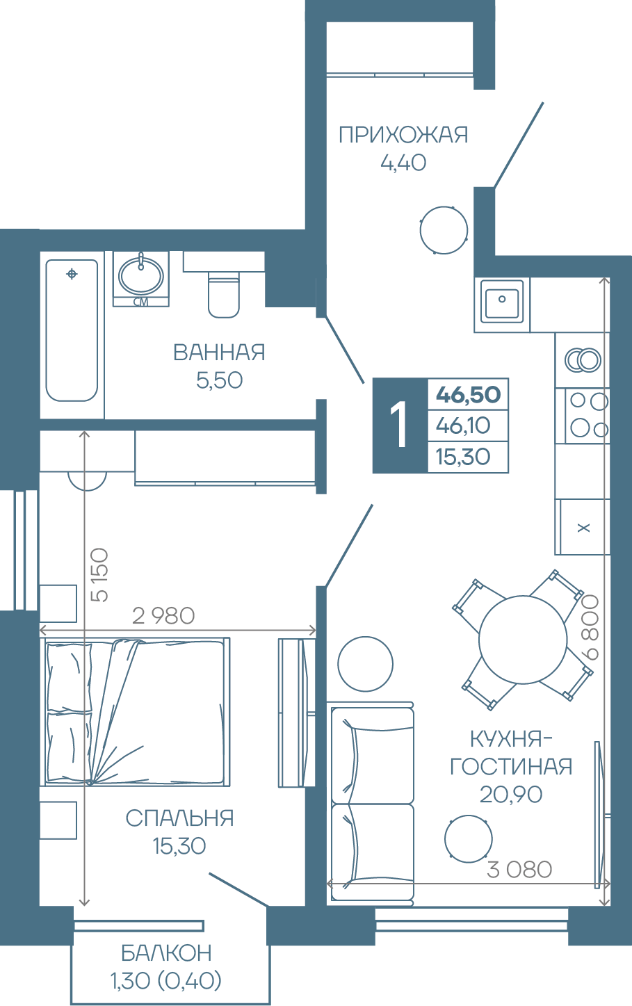 Планировка 1-комн. в ЖК «Иначе в Молодежном»