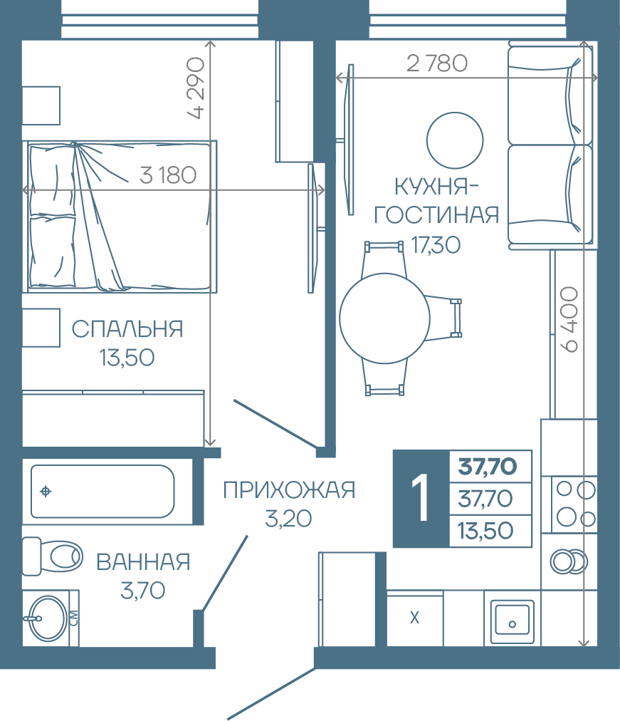 Планировка 1-комн. в ЖК «Иначе в Молодежном»