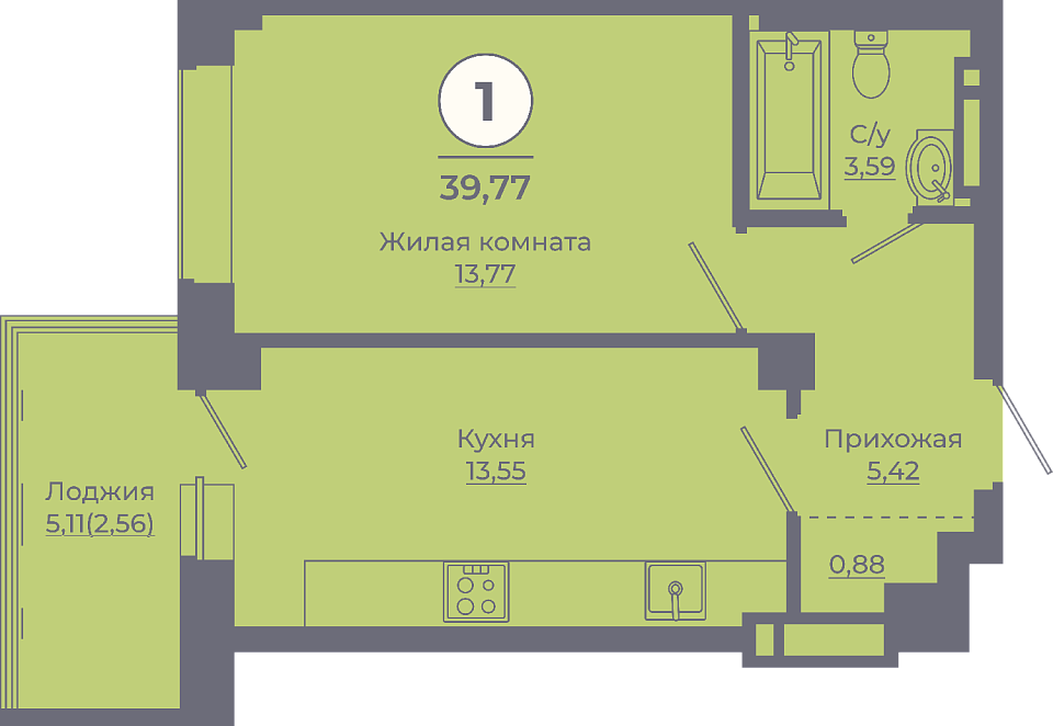 Планировка 1-комн. в ЖК «Сокольники»