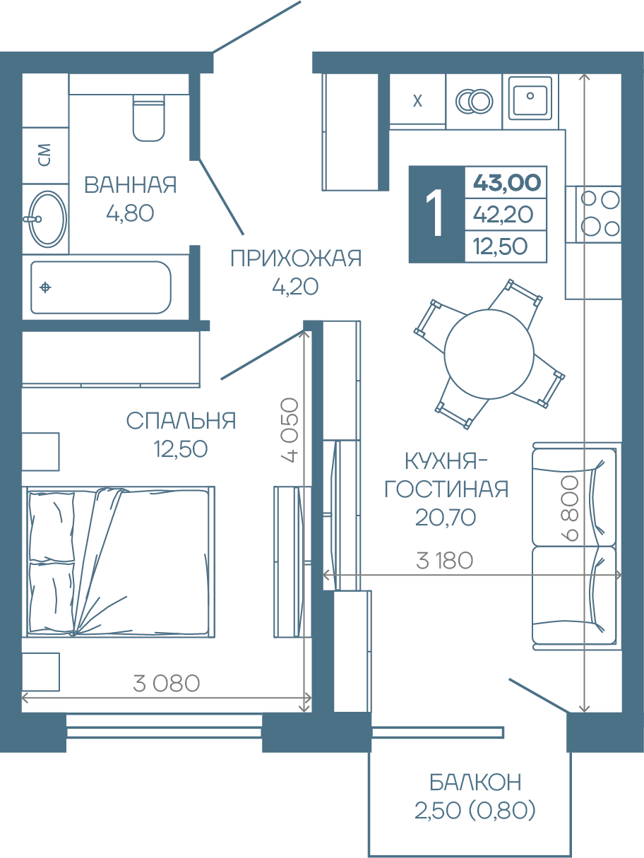 Планировка 1-комн. в ЖК «Иначе в Молодежном»