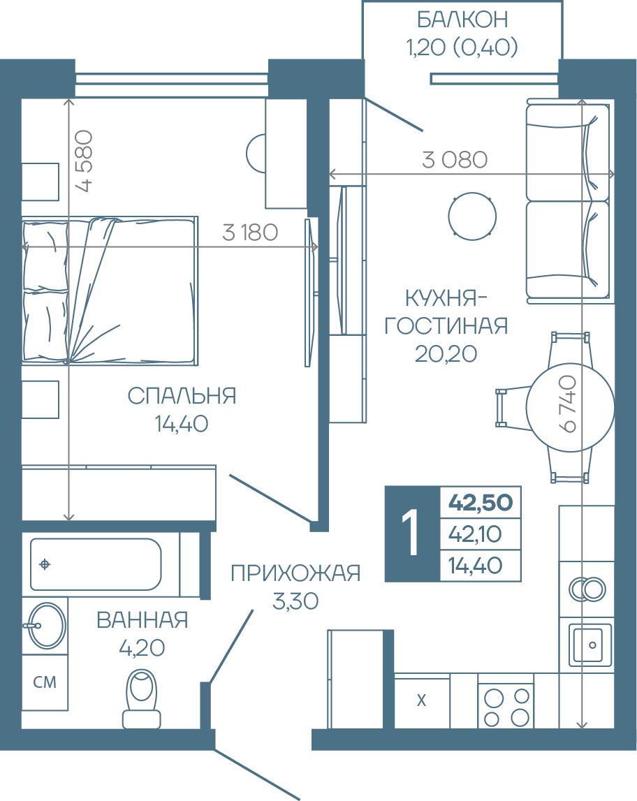 Планировка 1-комн. в ЖК «Иначе в Молодежном»