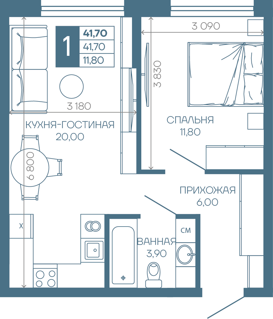 Планировка 1-комн. в ЖК «Иначе в Молодежном»