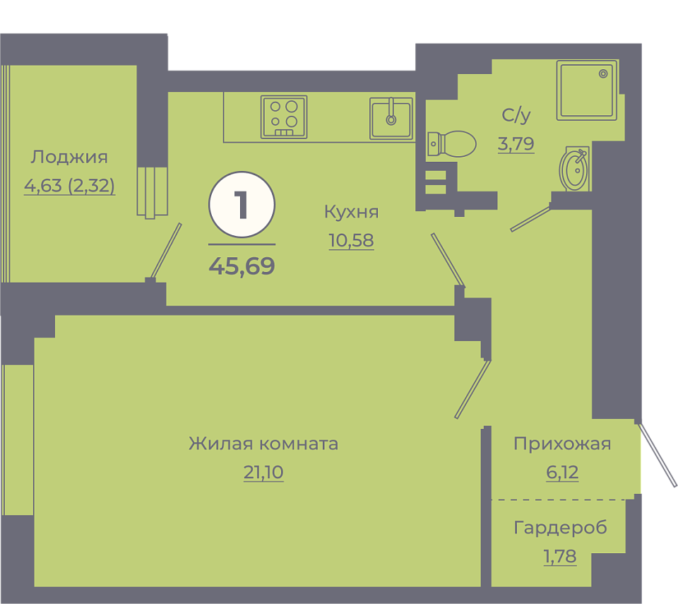 Планировка 1-комн. в ЖК «Сокольники»
