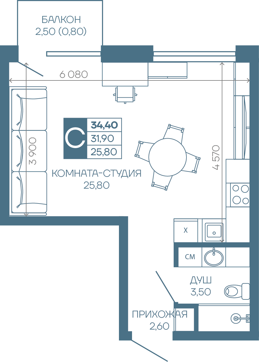 Планировка Студия в ЖК «Иначе в Молодежном»