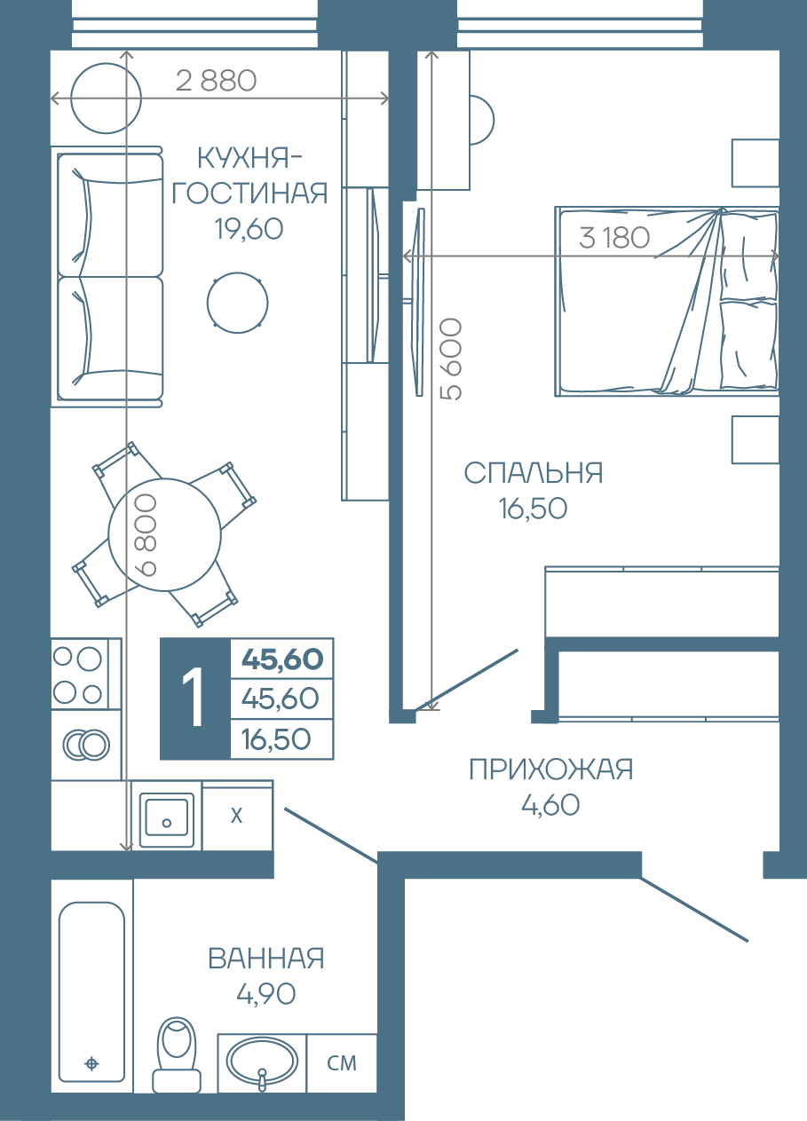 Планировка 1-комн. в ЖК «Иначе в Молодежном»