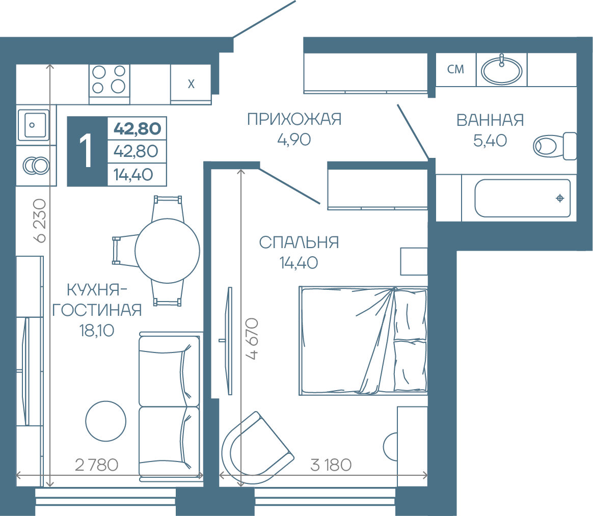 Планировка 1-комн. в ЖК «Иначе в Молодежном»