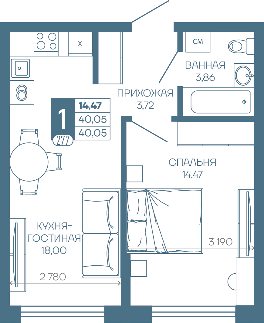 Планировка 1-комн. в ЖК «Иначе в Молодежном»