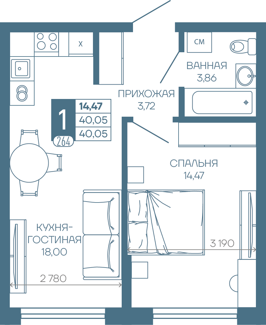 Планировка 1-комн. в ЖК «Иначе в Молодежном»