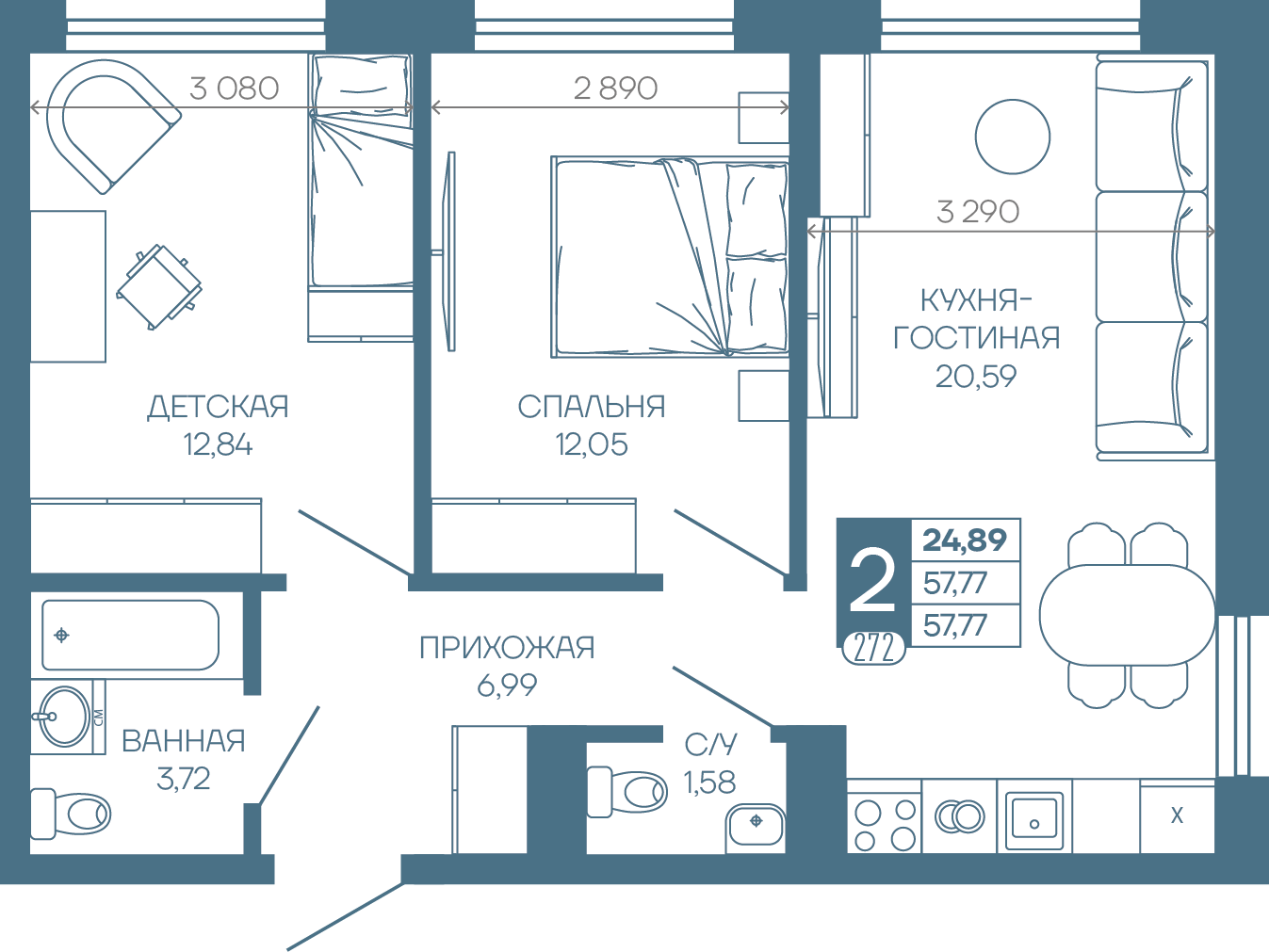 Планировка 2-комн. в ЖК «Иначе в Молодежном»