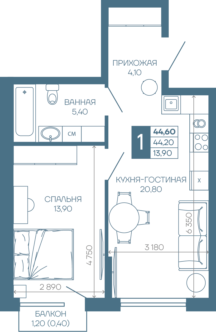 Планировка 1-комн. в ЖК «Иначе в Молодежном»