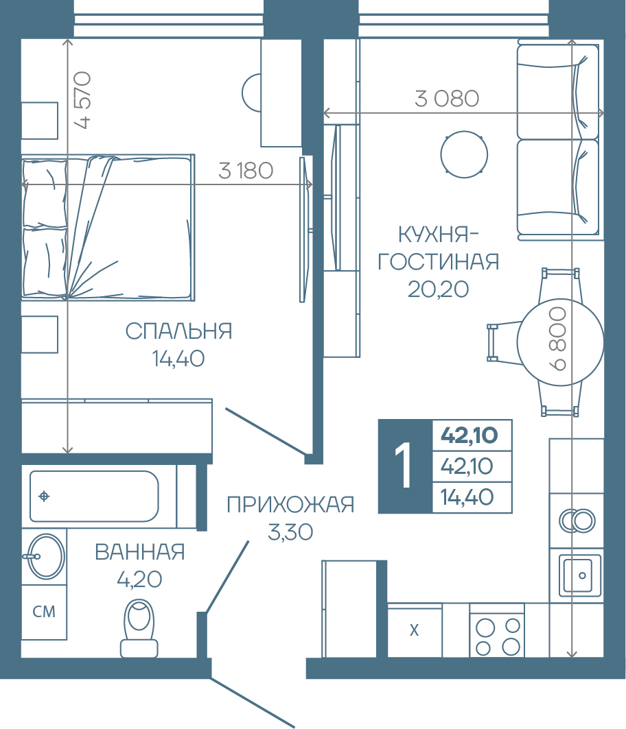 Планировка 1-комн. в ЖК «Иначе в Молодежном»