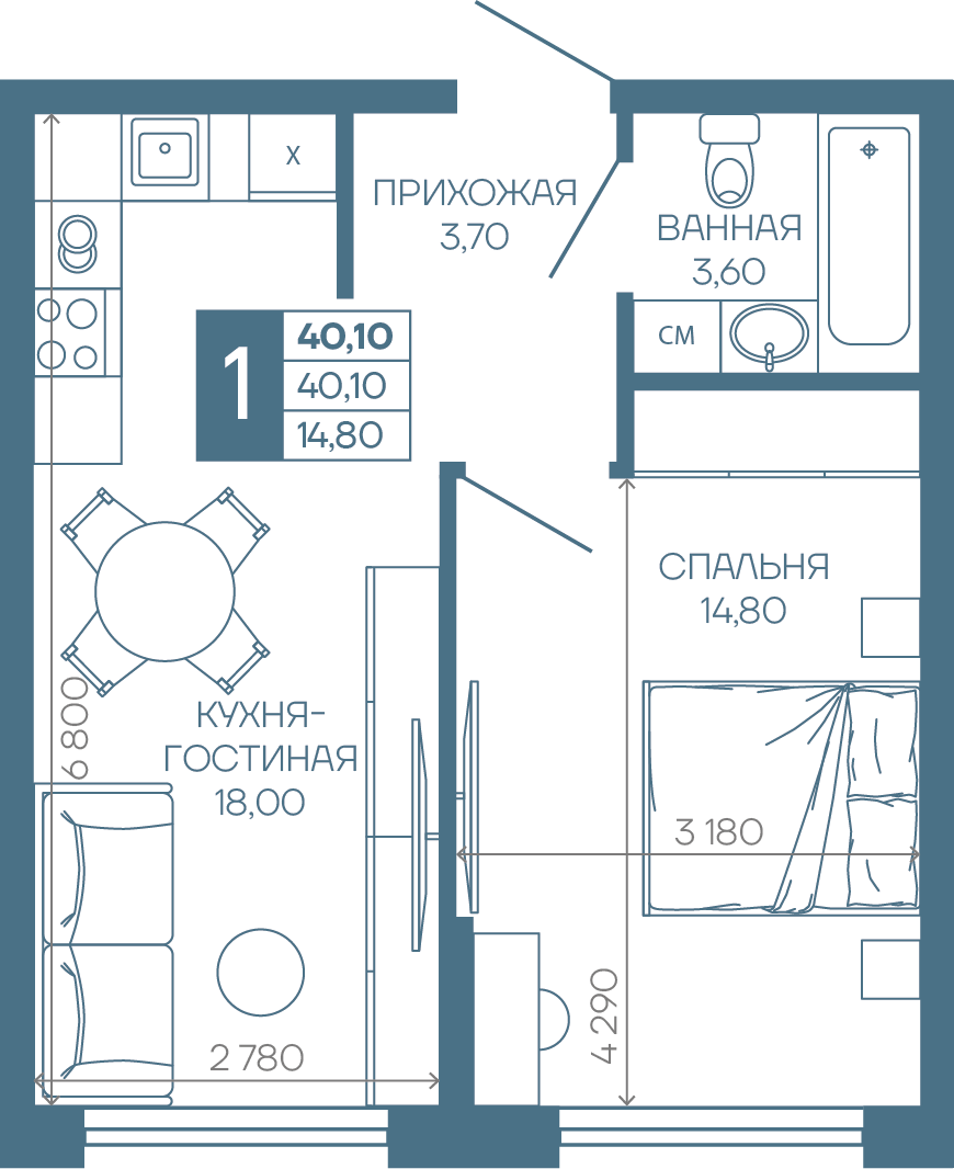 Планировка 1-комн. в ЖК «Иначе в Молодежном»