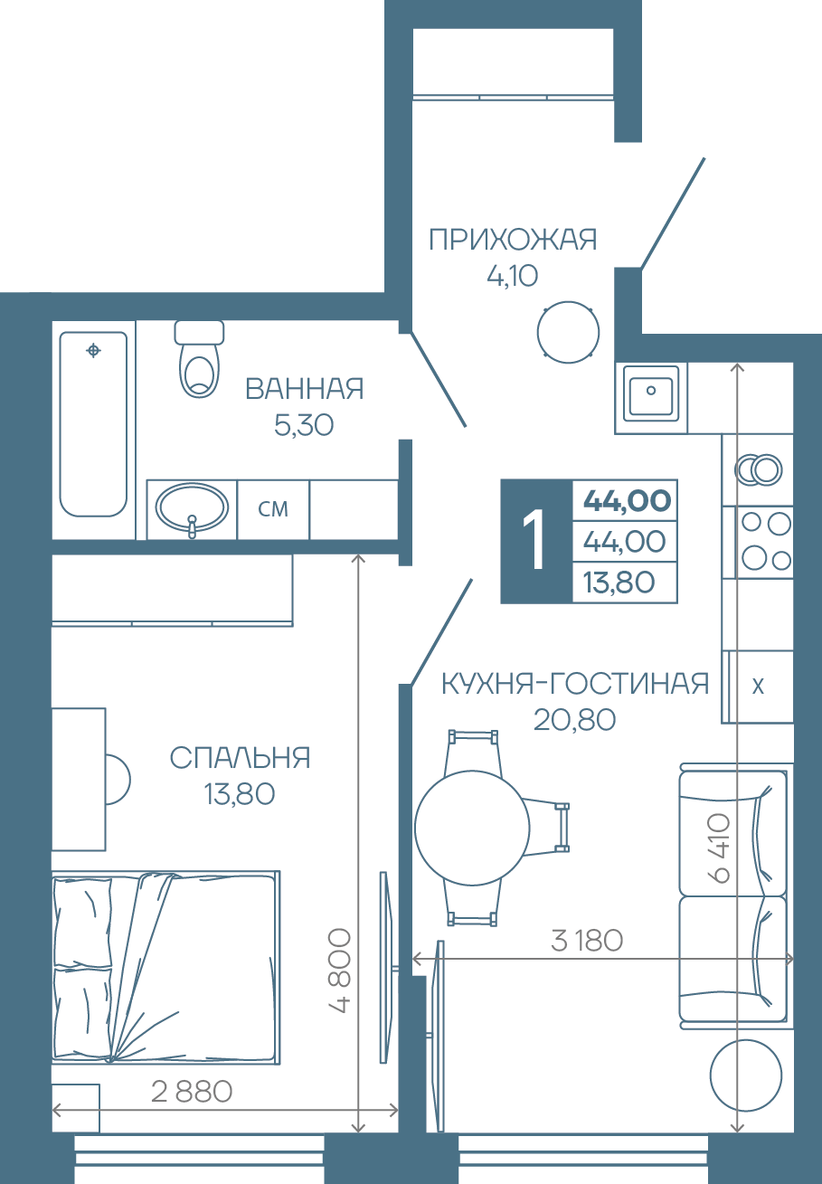 Планировка 1-комн. в ЖК «Иначе в Молодежном»