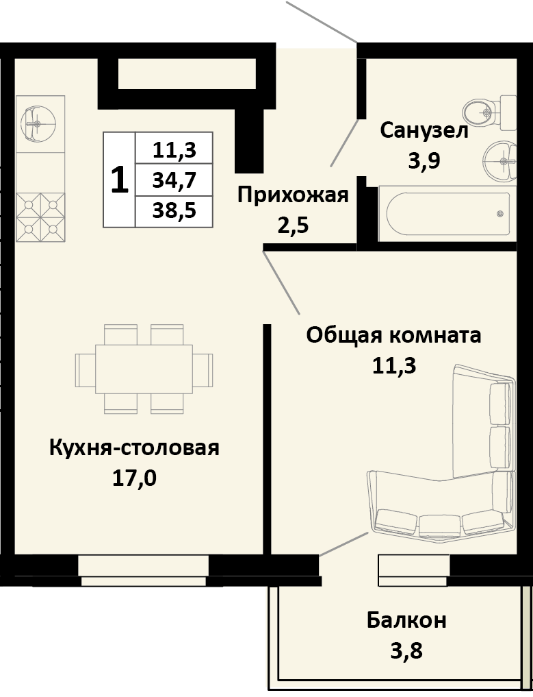 Планировка 1-комн. в ЖК «Южные соседи»