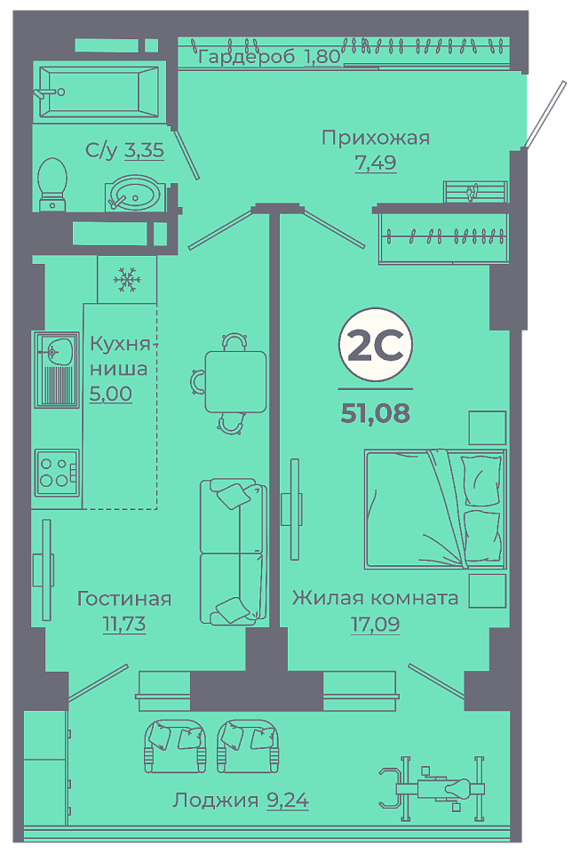 Планировка 2-евро в ЖК «Сокольники»