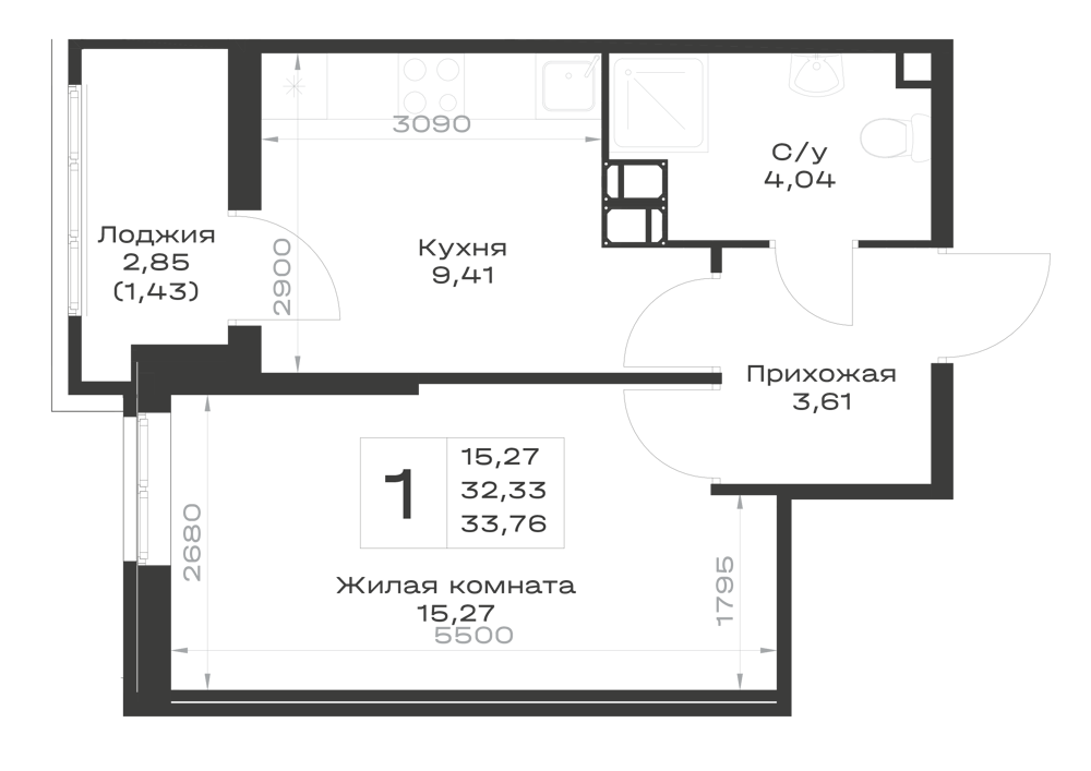 Планировка 1-комн. в ЖК «Октябрь Парк»