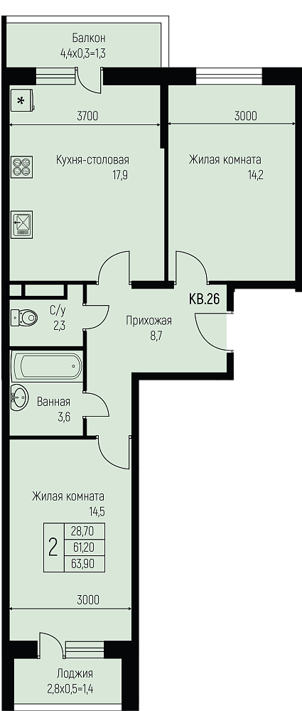 Планировка 2-комн. в ЖК «Nova Vita»