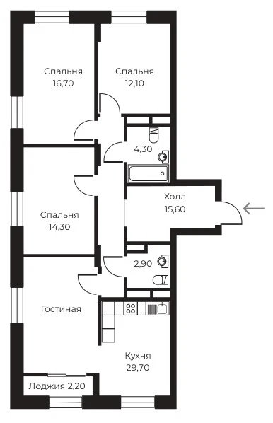 Планировка 3-комн. в ЖК «Пломбир»