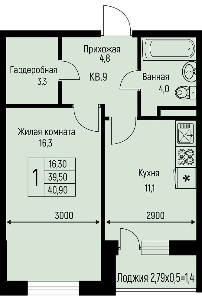Планировка 1-комн. в ЖК «Nova Vita»