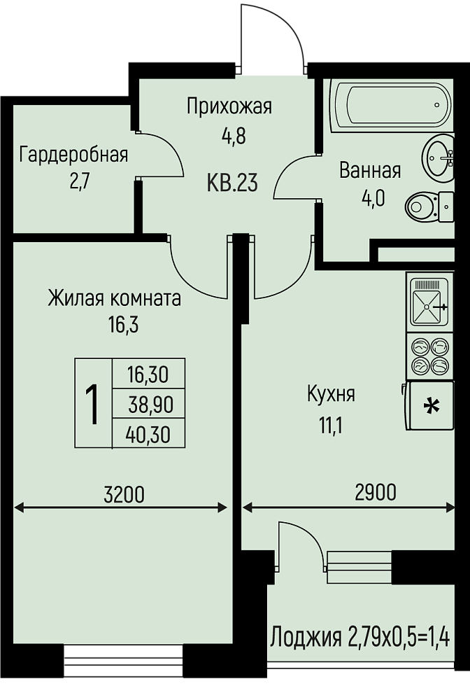Планировка 1-комн. в ЖК «Nova Vita»