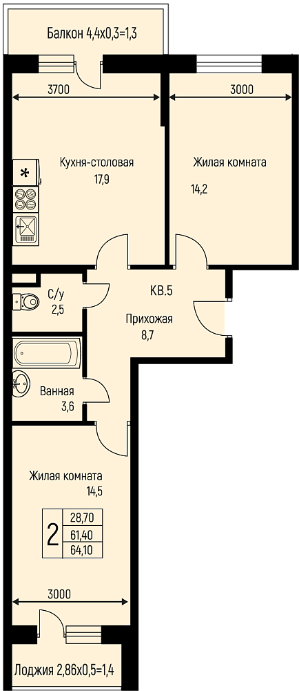 Планировка 2-комн. в ЖК «Nova Vita»
