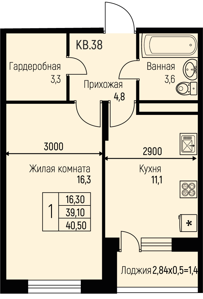 Планировка 1-комн. в ЖК «Nova Vita»
