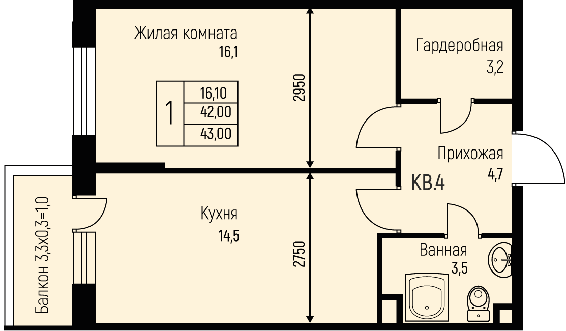 Планировка 1-комн. в ЖК «Nova Vita»