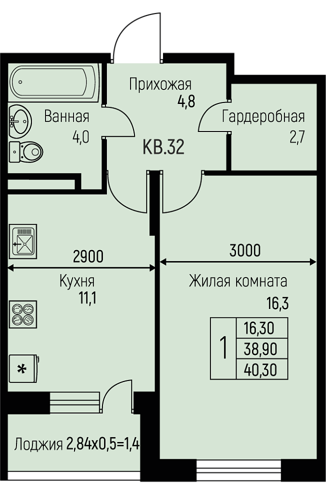 Планировка 1-комн. в ЖК «Nova Vita»