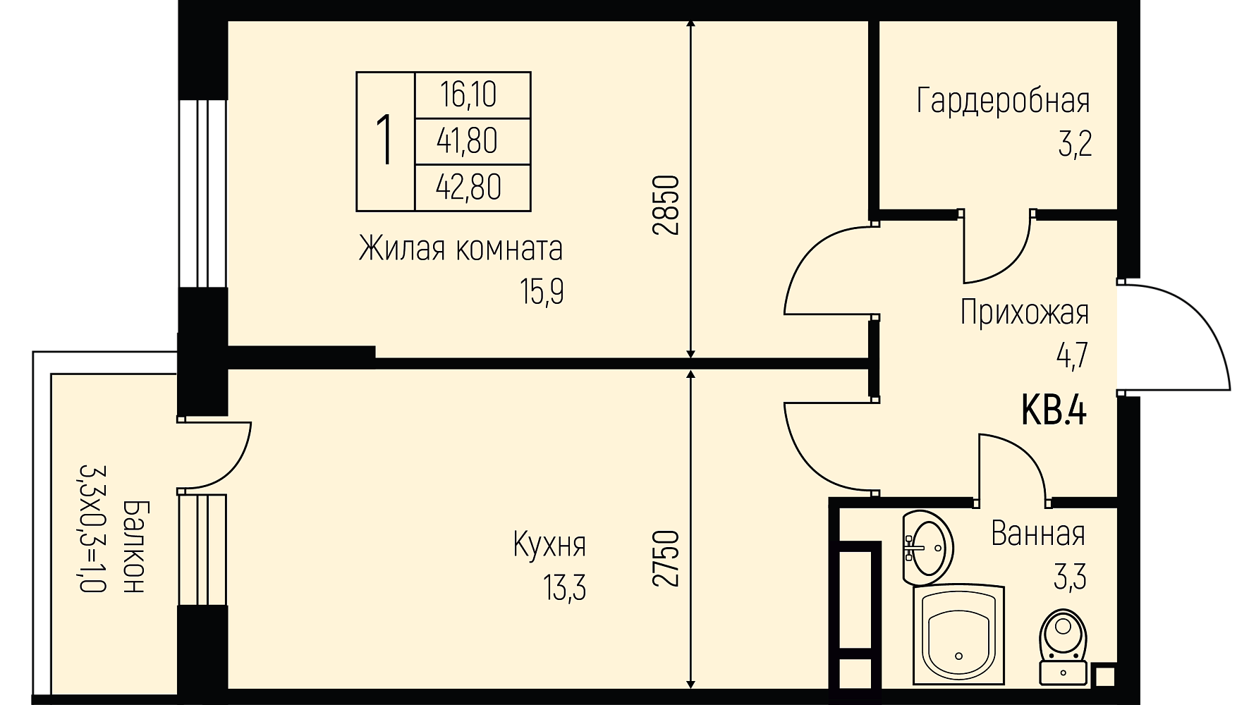 Планировка 1-комн. в ЖК «Nova Vita»