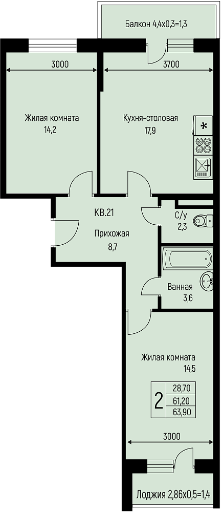 Планировка 2-комн. в ЖК «Nova Vita»