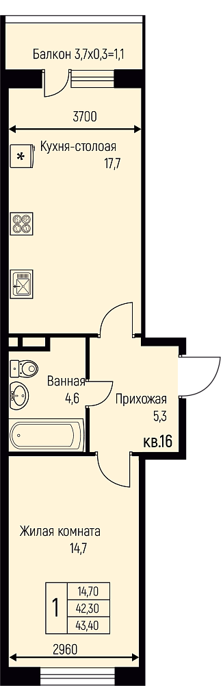 Планировка 1-комн. в ЖК «Nova Vita»