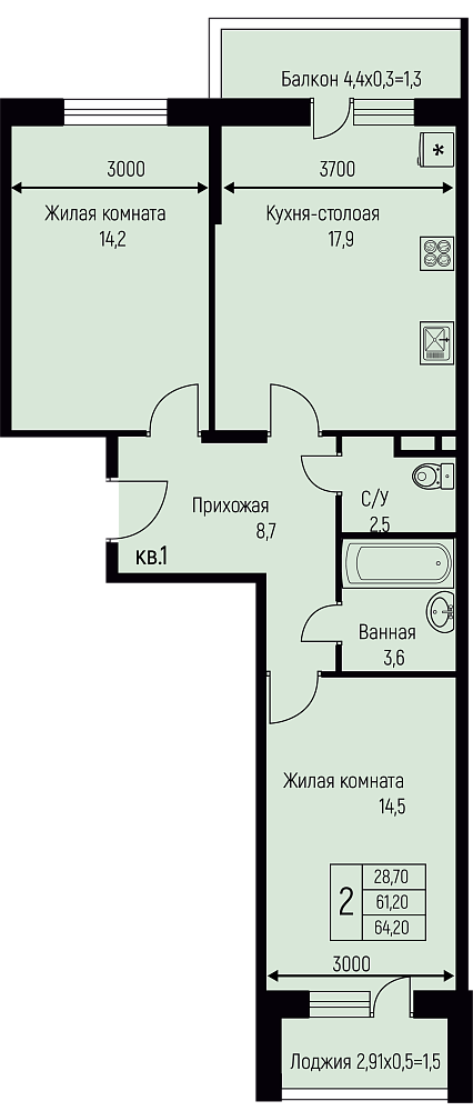 Планировка 2-комн. в ЖК «Nova Vita»