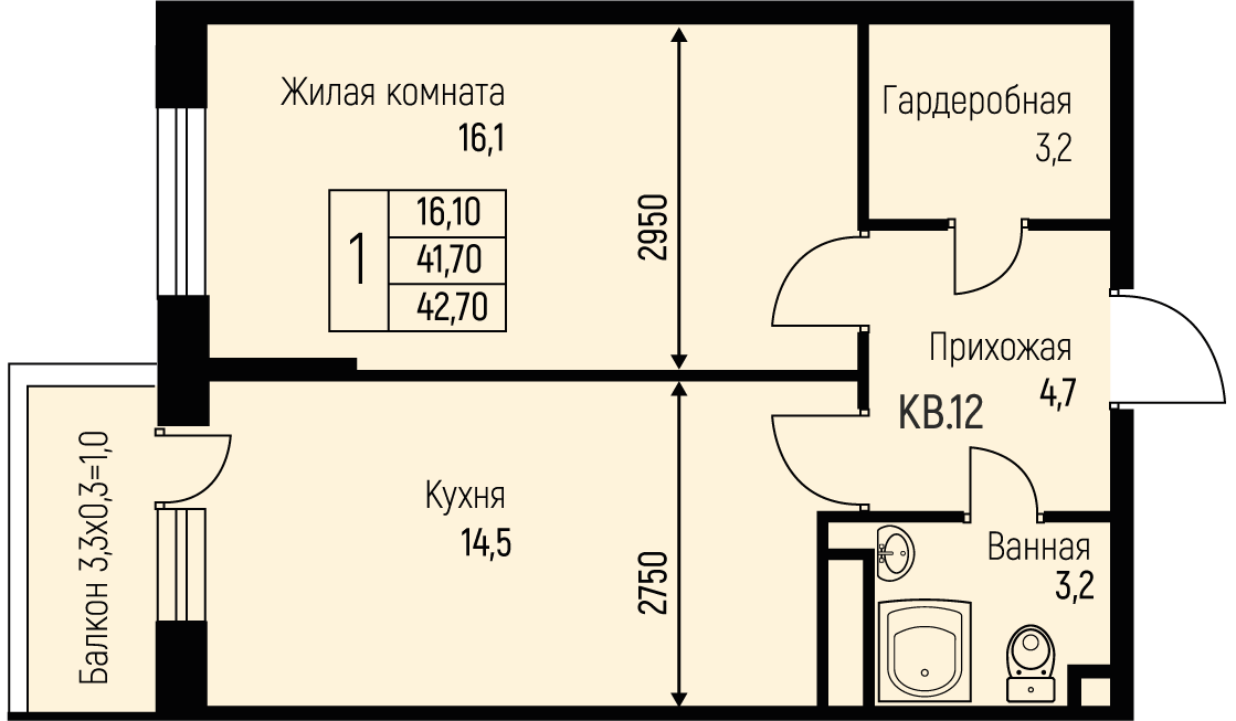 Планировка 1-комн. в ЖК «Nova Vita»