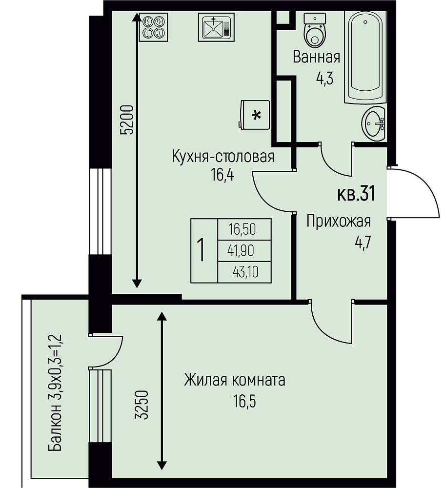 Планировка 1-комн. в ЖК «Nova Vita»