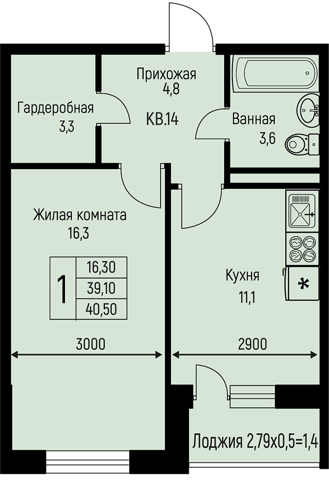 Планировка 1-комн. в ЖК «Nova Vita»