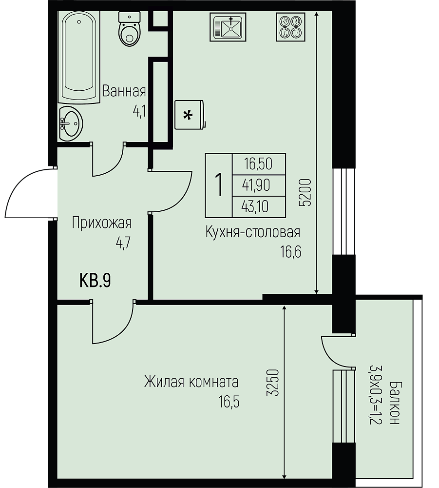 Планировка 1-комн. в ЖК «Nova Vita»