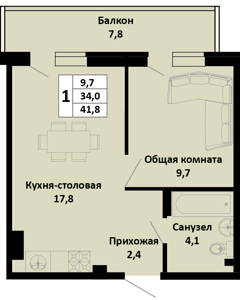 Планировка 1-комн. в ЖК «Южные соседи»