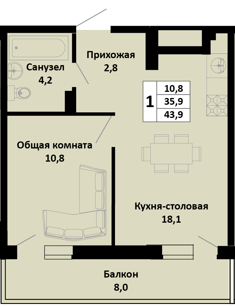 Планировка 1-комн. в ЖК «Южные соседи»