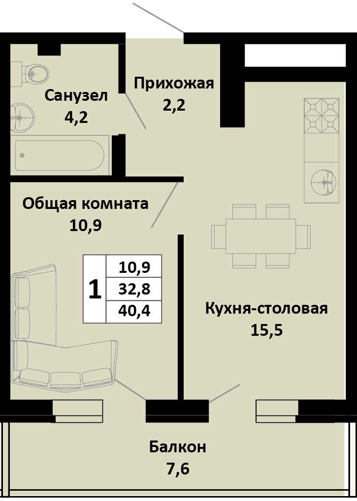 Планировка 1-комн. в ЖК «Южные соседи»