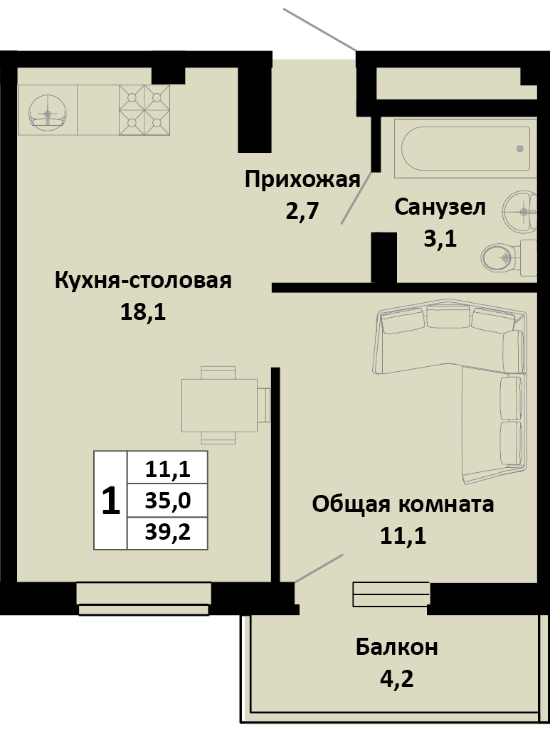 Планировка 1-комн. в ЖК «Южные соседи»