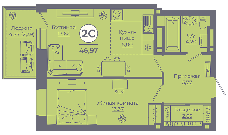 Планировка 2-евро в ЖК «Сокольники»