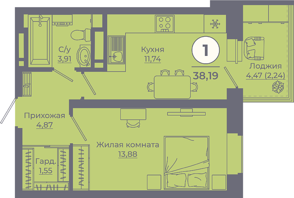 Планировка 1-комн. в ЖК «Сокольники»